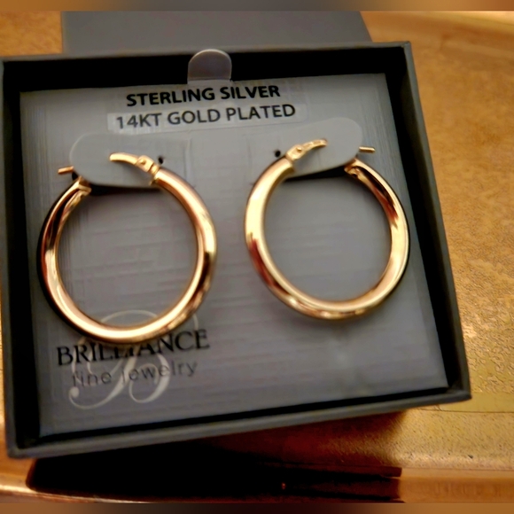 Hoop Earrings Sterling Silver 14K Gold Plated Brilliance Fine Jewelry 1" - Picture 2 of 8